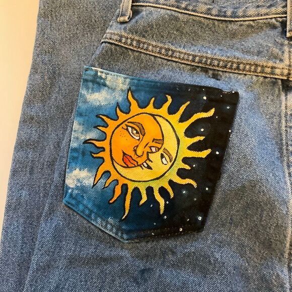 Upcycled LL Bean Straight Leg Jeans 5 Pocket, sun and bee painted on pockets! Si - Picture 4 of 16